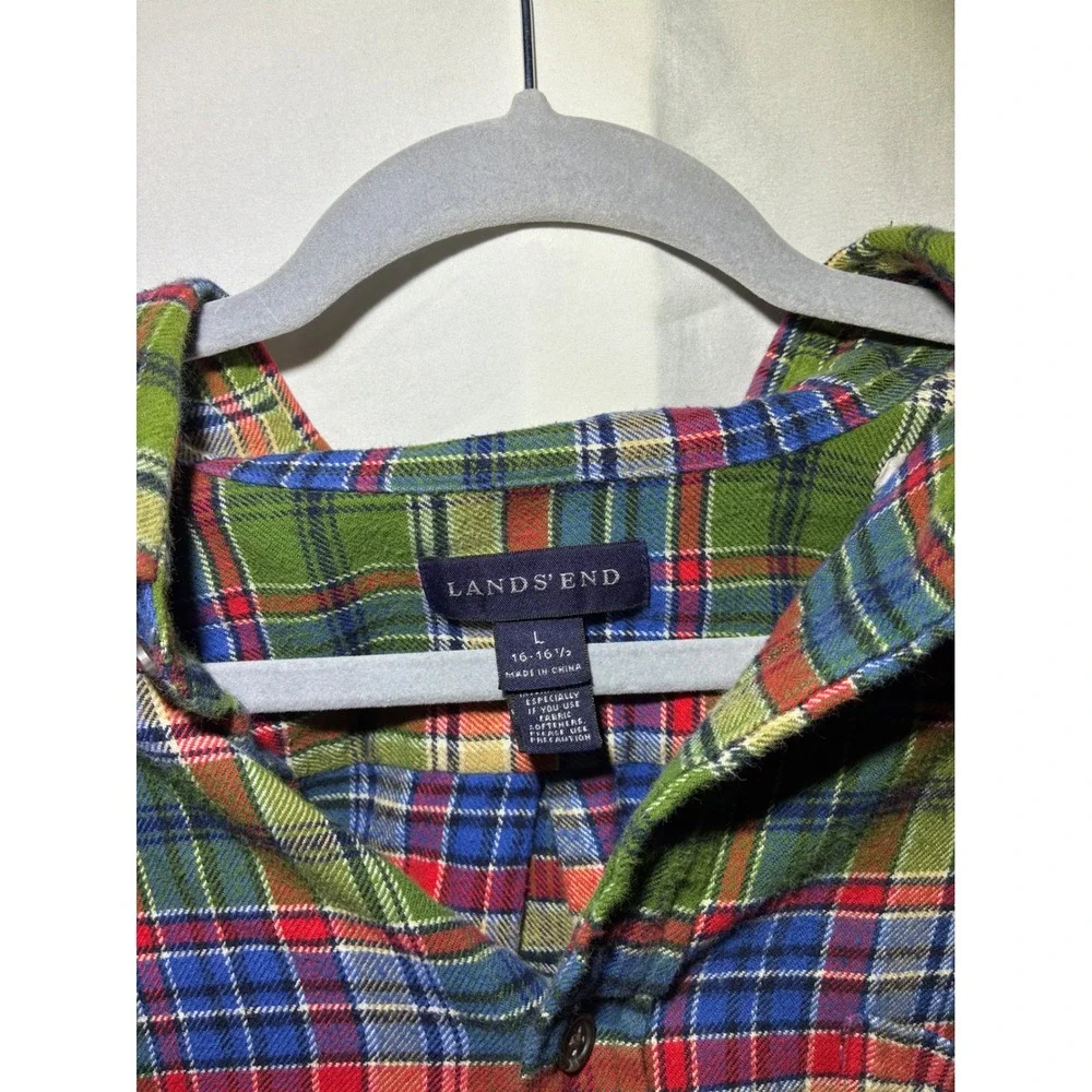 Lands End Mens Flannel Shirt Large Green Blue Red Plaid Button Down 381718 - Picture 3 of 6